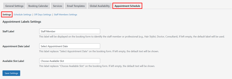Appointment Schedule Settings
