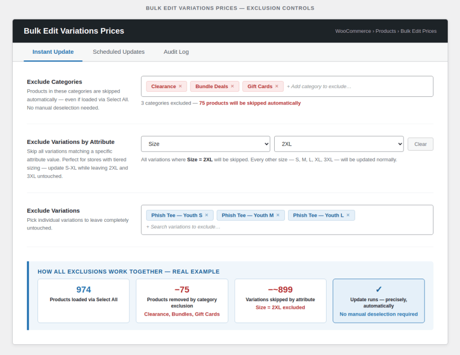 Preview table showing current and new variation prices