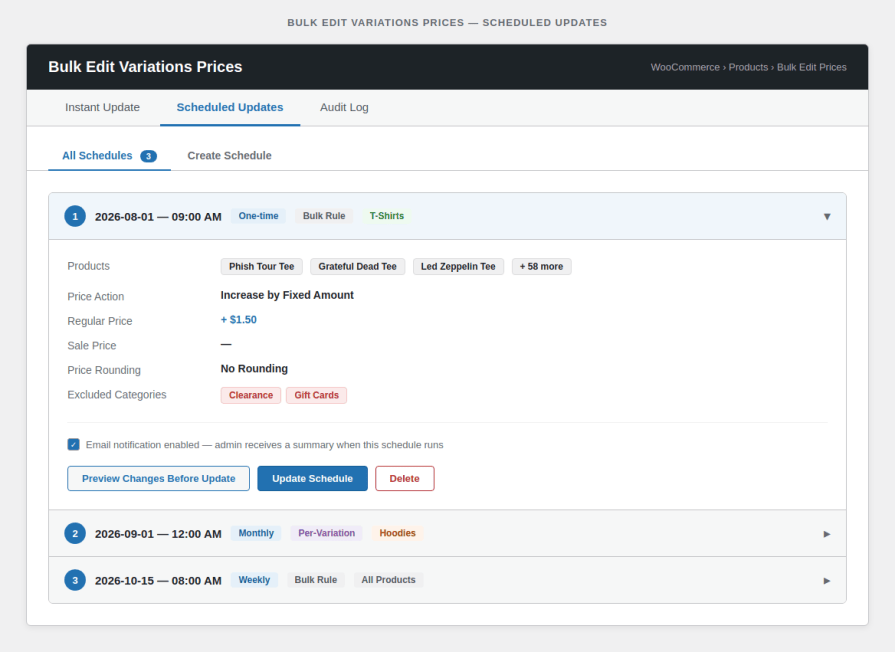 Scheduled variation price updates