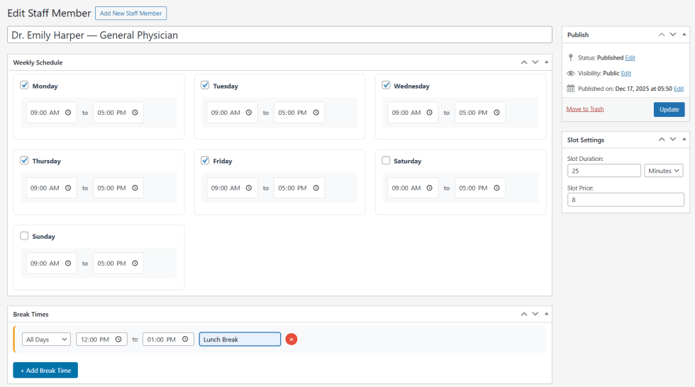 Editing Staff Members Settings