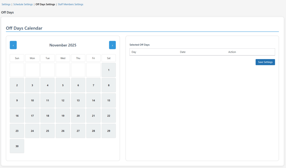 Off Days Settings