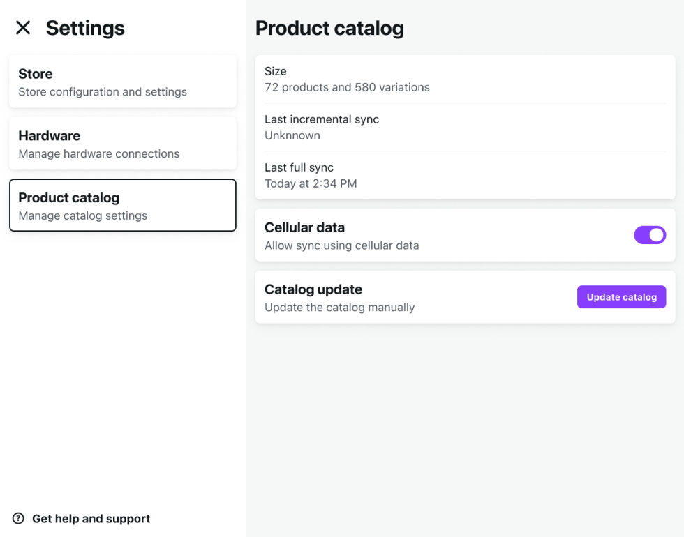 POS Mode Settings Screen Displaying Product Catalog Settings