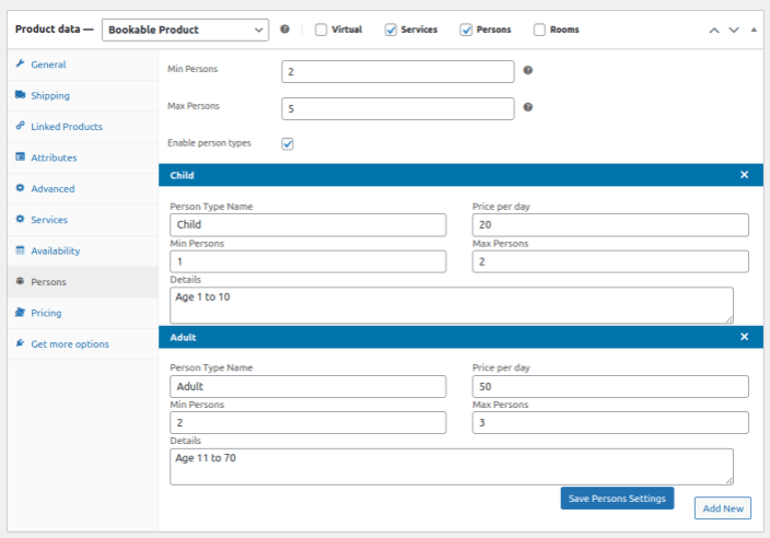 Product Level Settings (Persons)