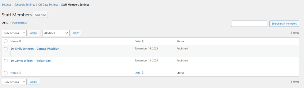 Staff Members Settings