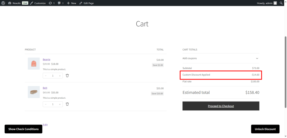 WooCommerce cart page displaying automatic discount applied to order total