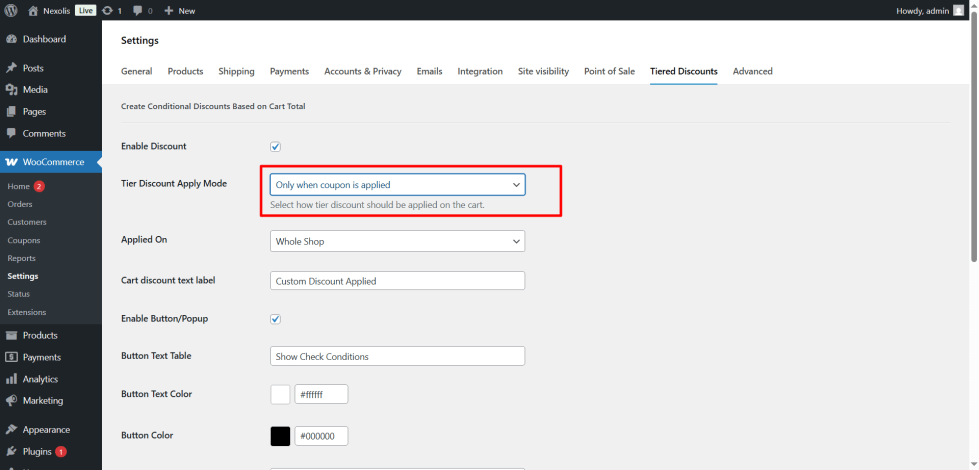 WooCommerce plugin setting showing tiered discount apply mode only when coupon is applied