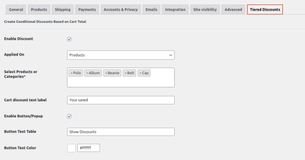 Woocommerce cart total discount setting