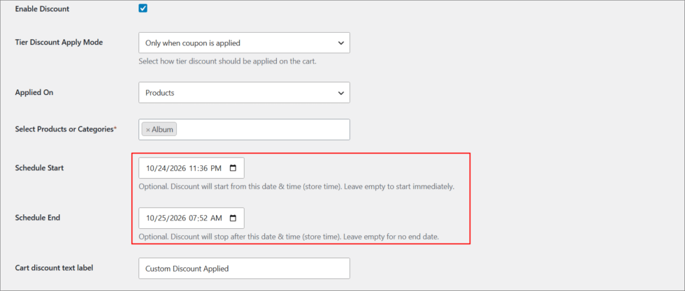 Tiered discount schedule settings with start and end date and time
Caption: Set when your discount starts and ends. It runs on its own.