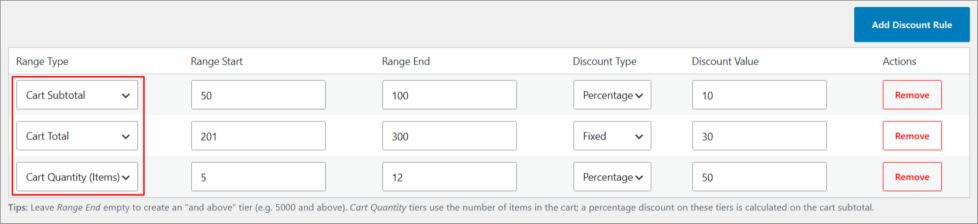Cart quantity range type selected in the tiered discount rules table
Caption: Create discount tiers based on how many items are in the cart.