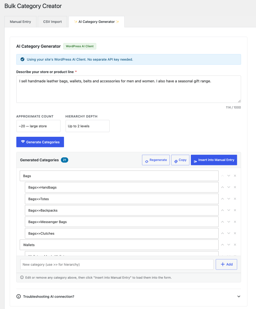 Bulk Category Creator - AI Generator tab showing prompt input and generated category list