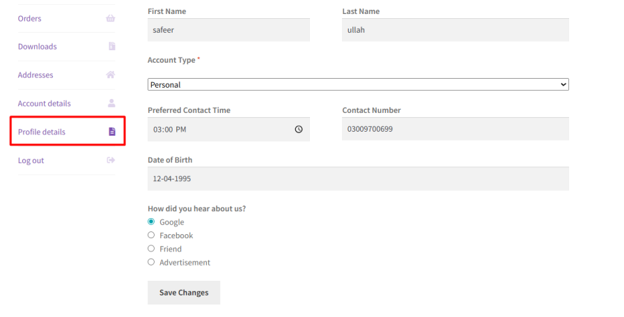 Display Fields in the “My Account” Section