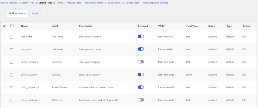 Enable Disable Default WooCommerce Registration Fields
