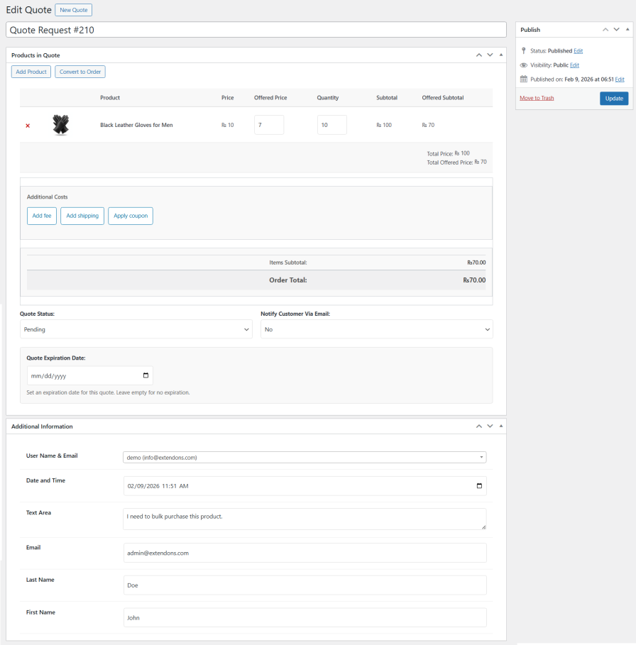 Manage Quotes from the Admin Panels