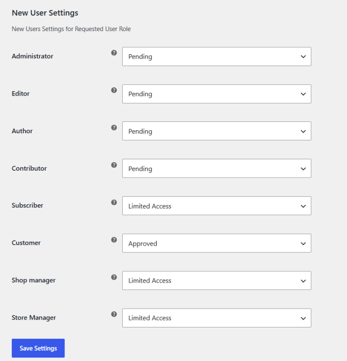 New User Settings