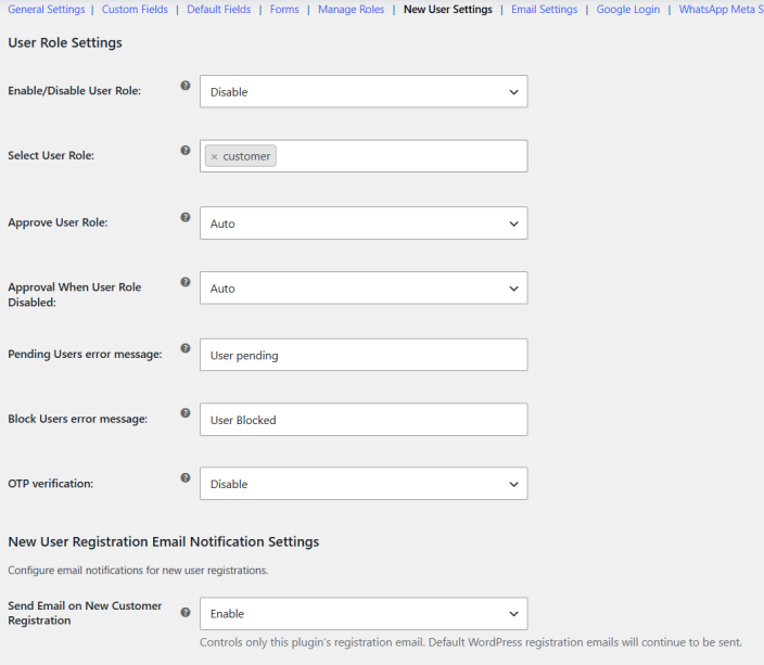 User Role Settings
