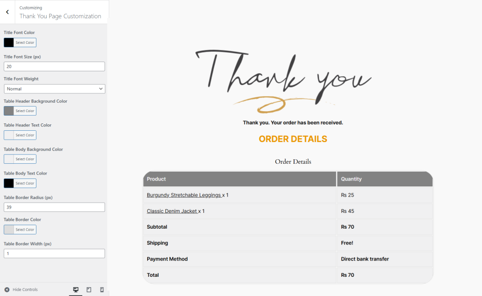 Customize table using WordPress customizer