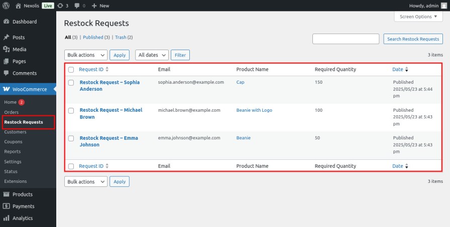 Store owners can view, filter, and manage all restock requests easily