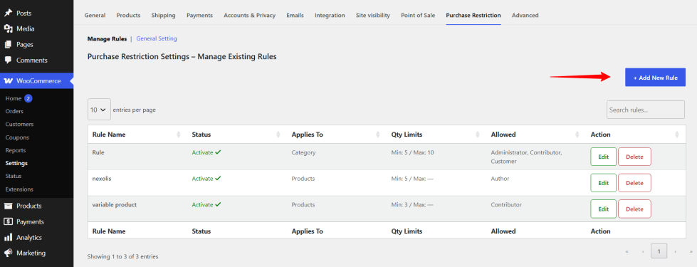 WooCommerce Restrict Product Purchases plugin settings dashboard showing managed purchase restriction rules.