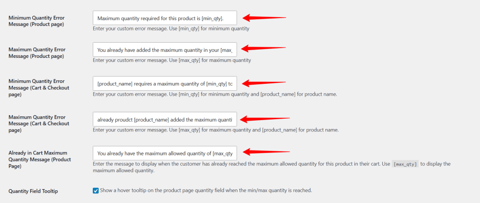 WooCommerce Restrict Product Purchases plugin settings page for customizing quantity error messages using shortcodes.