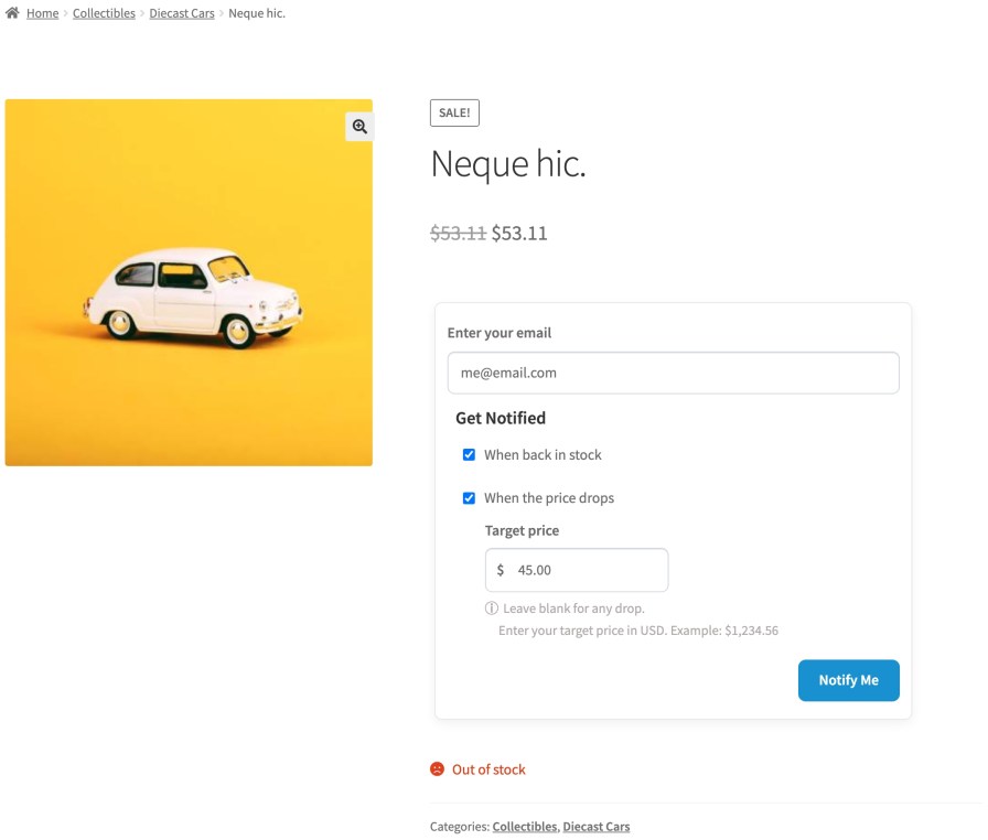 Combined Back in Stock and Price Drop signup form on a WooCommerce product page