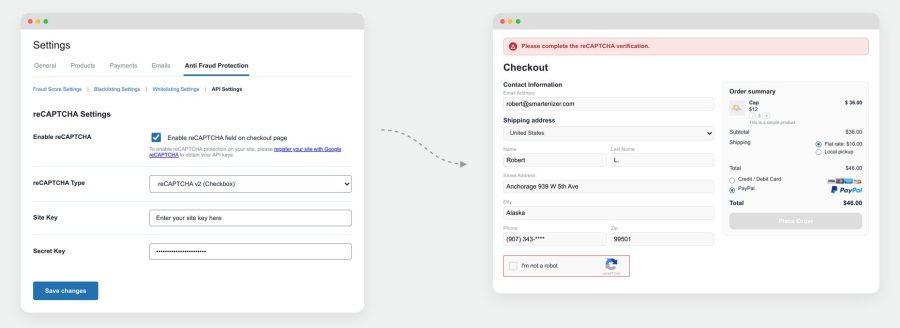 Recaptcha on checkout page to stop fake orders and stop card testing attacks