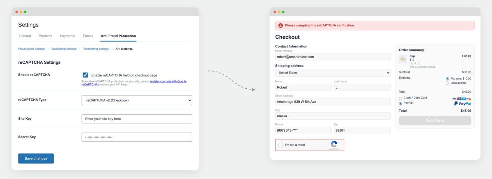 Recaptcha on checkout page to stop fake orders and stop card testing attacks