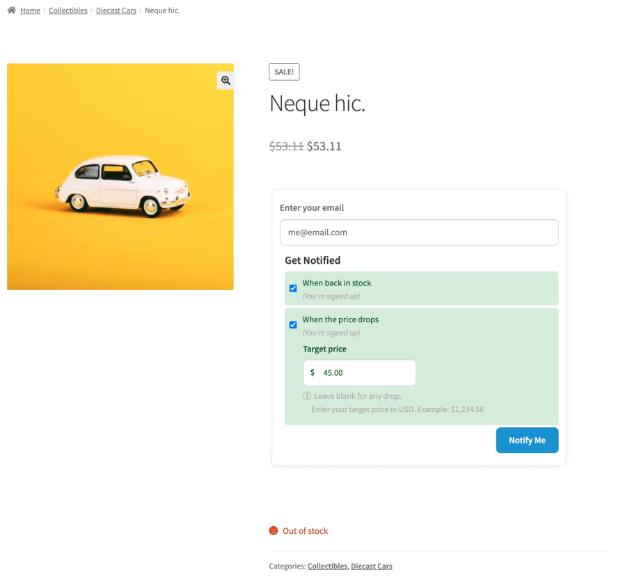 Confirmed Back in Stock and Price Drop subscriptions on a WooCommerce product page