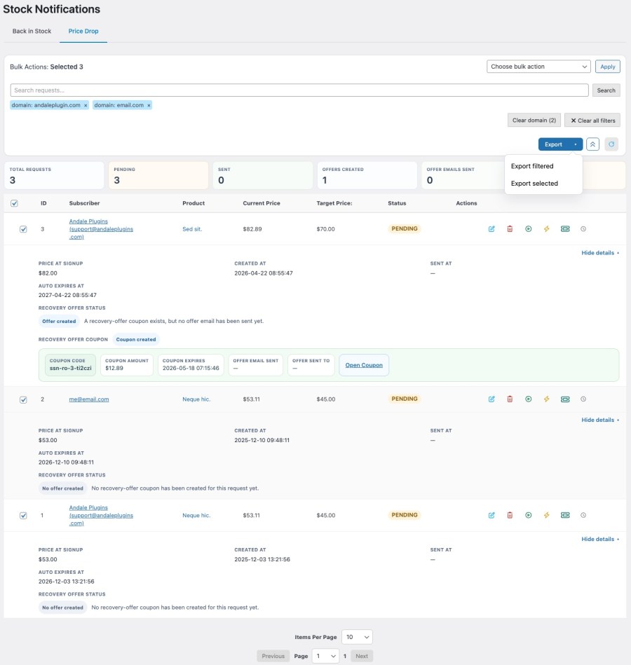 Price Drop notifications export and reporting view for WooCommerce showing summary counts, filters, and export options