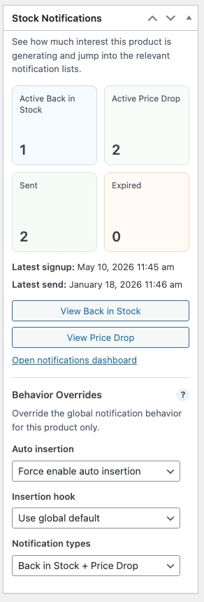 Product-level notification controls for WooCommerce showing product insights, behavior overrides, and notification type settings