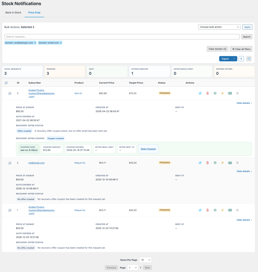 Recovery Offers for WooCommerce admin table showing offer status, coupon details, and lifecycle data