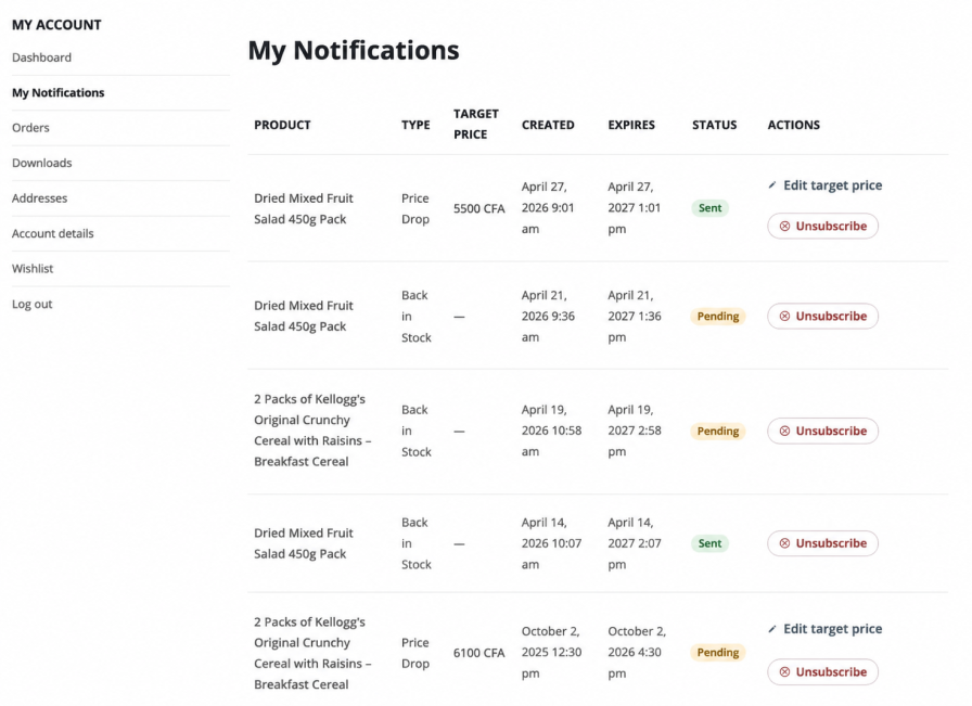 Customer self-service notifications page for WooCommerce showing subscription status, target price updates, and unsubscribe actions