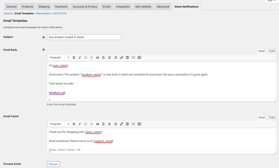 Custom stock alert email editor in the Smart Stock Notifications plugin for WooCommerce