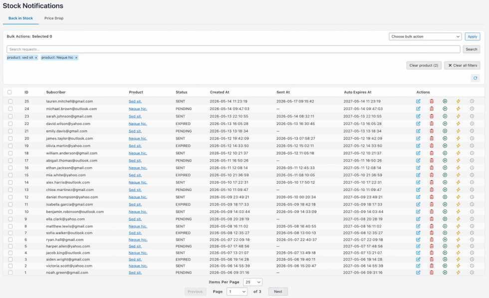 Admin notification requests table in Smart Stock Notifications for WooCommerce showing search, filters, bulk actions, and pagination