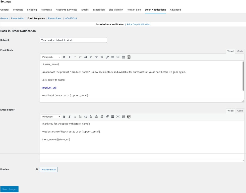 Email template settings in Smart Stock Notifications for WooCommerce showing subject, body, footer, and notification tabs