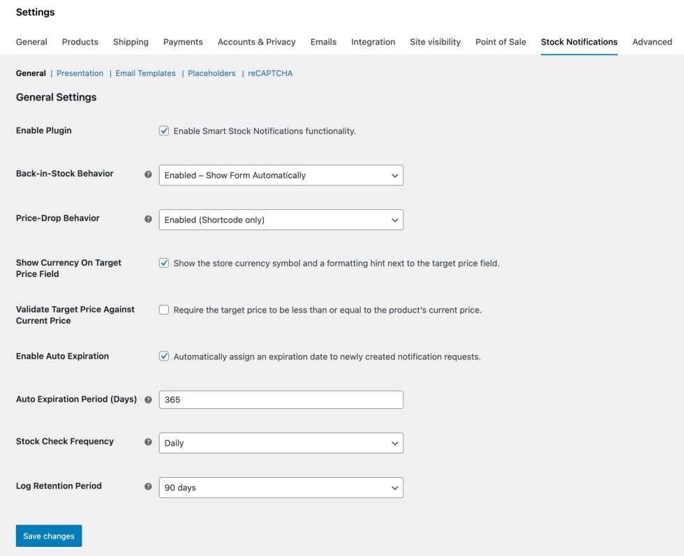 General settings tab in Smart Stock Notifications for WooCommerce showing notification behavior, auto expiration, stock check frequency, and log retention