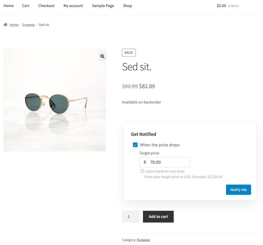 Price-drop notification signup form for WooCommerce with target price field on a product page