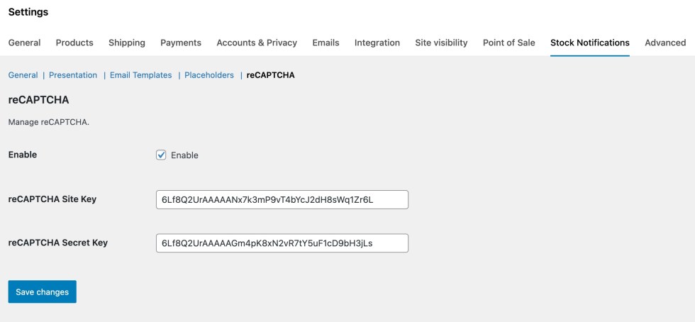 reCAPTCHA settings in Smart Stock Notifications for WooCommerce showing enable option, site key, and secret key