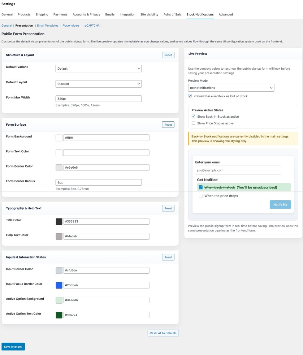 Smart Stock Notifications for WooCommerce presentation settings with live preview of the signup form