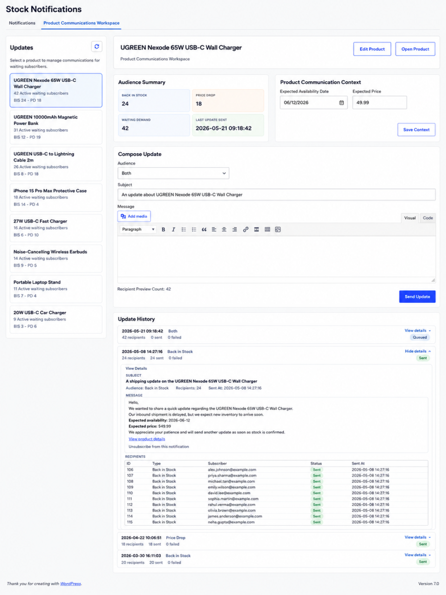 Smart Stock Notifications Product Communications Workspace showing product-level subscriber updates, audience summary, compose form, and update history