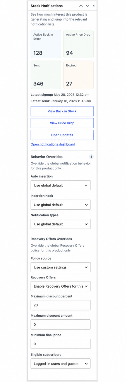 Smart Stock Notifications product-side metabox showing demand metrics, behavior overrides, and Recovery Offers overrides for a WooCommerce product