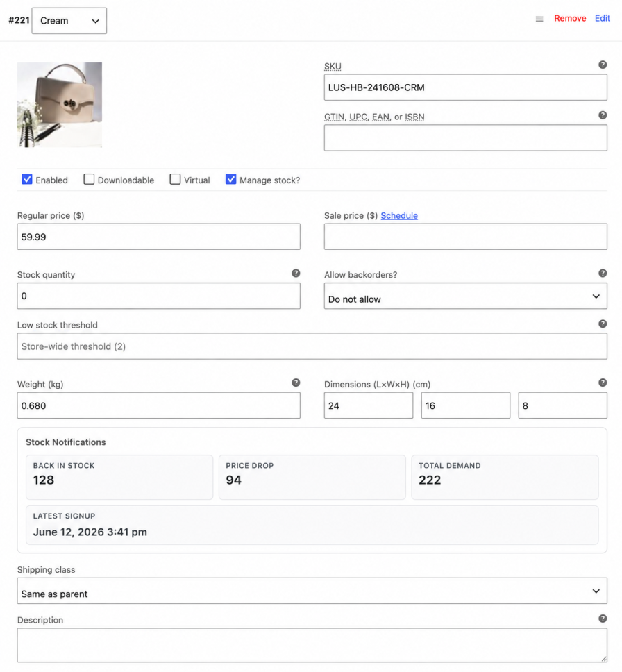 WooCommerce variation editor showing Smart Stock Notifications demand metrics for a specific product variation, including Back in Stock, Price Drop, total demand, and latest signup