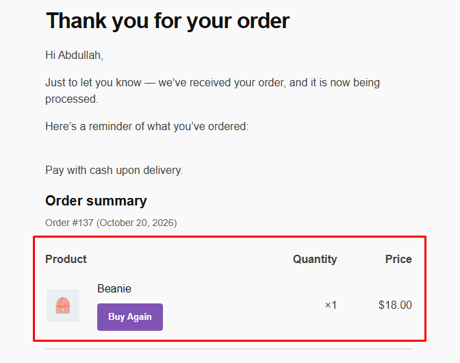 Add a Buy Again Button to Customer Order Emails