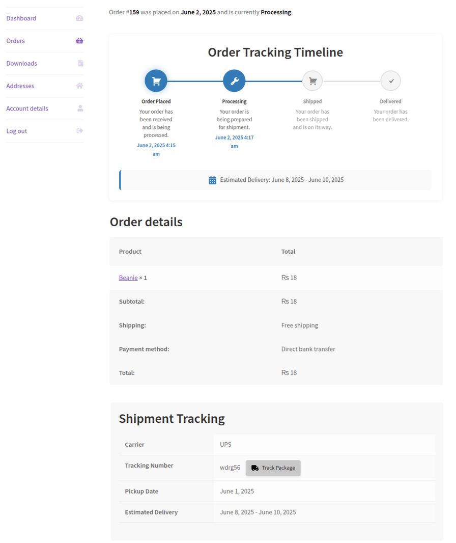 Display Tracking Details On My Account Order Detail Pages