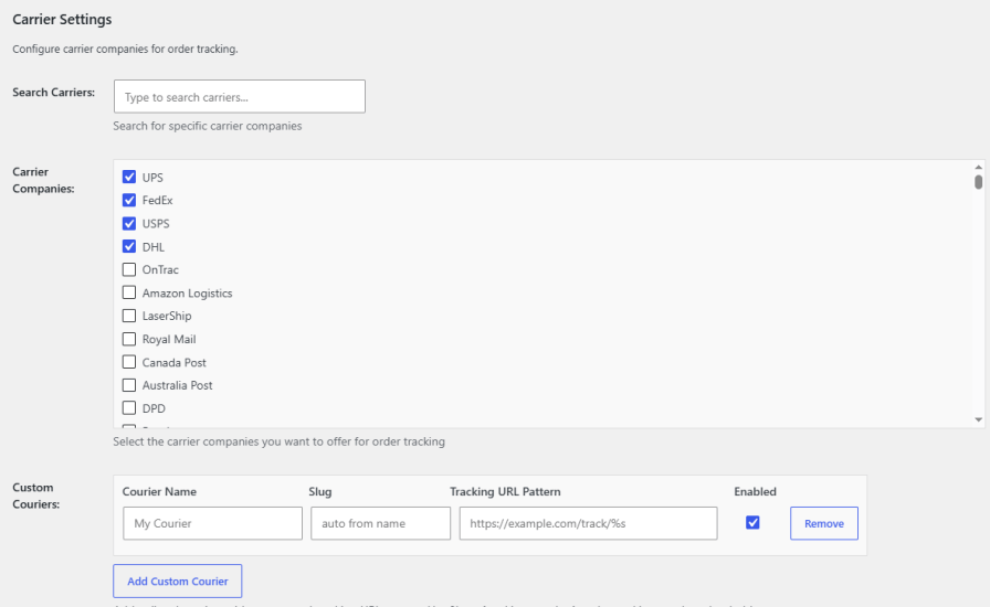 Select Carriers or Add Custom Couriers