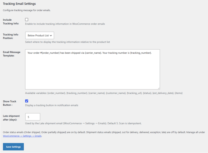 Tracking Email Settings
