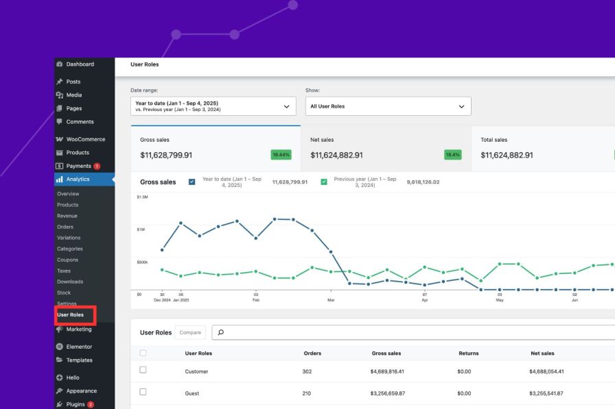 WooCommerce User Roles report with performance cards, time comparison chart, and role table