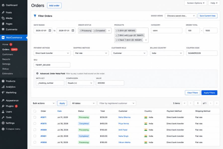 Extra Order Filters for WooCommerce - Dashboard with all the filters applied