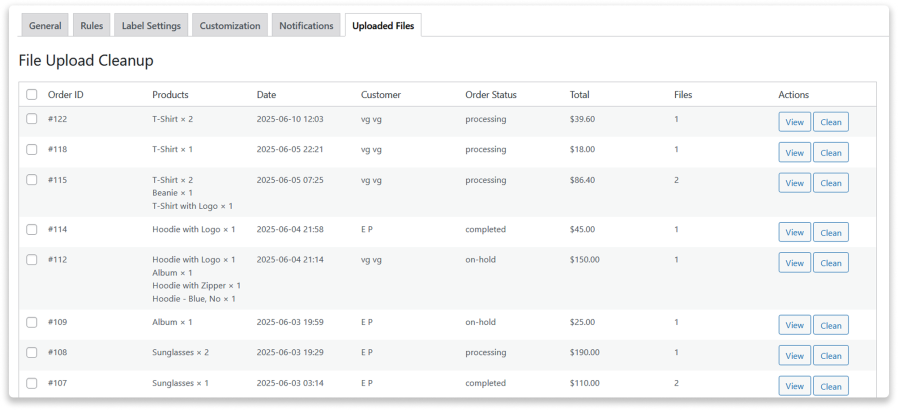 Dashboard for File Upload WooCommerce