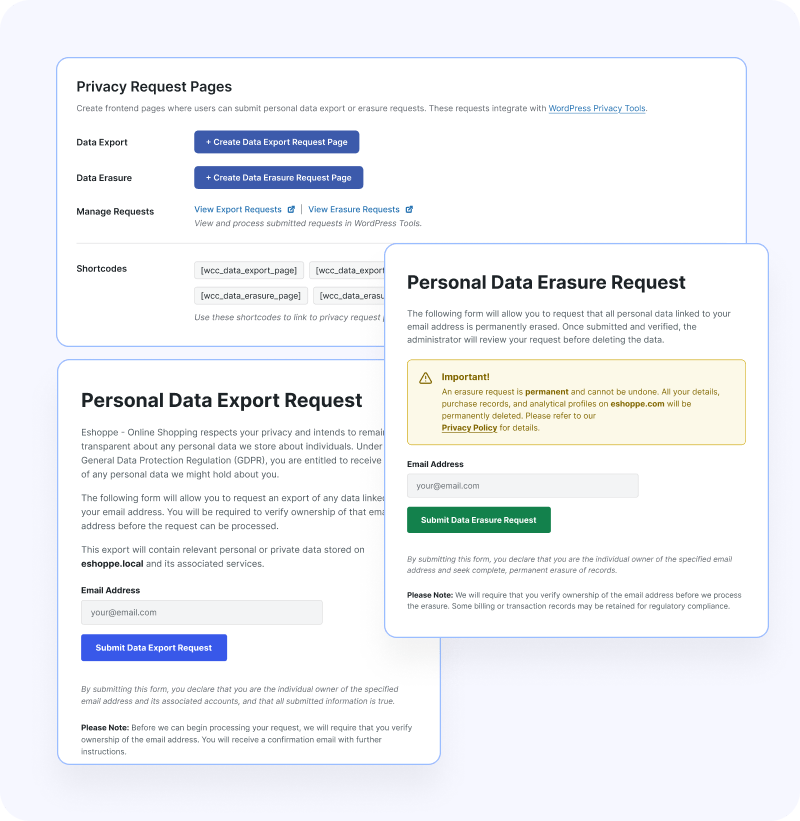 Let visitors submit data access and erasure requests directly