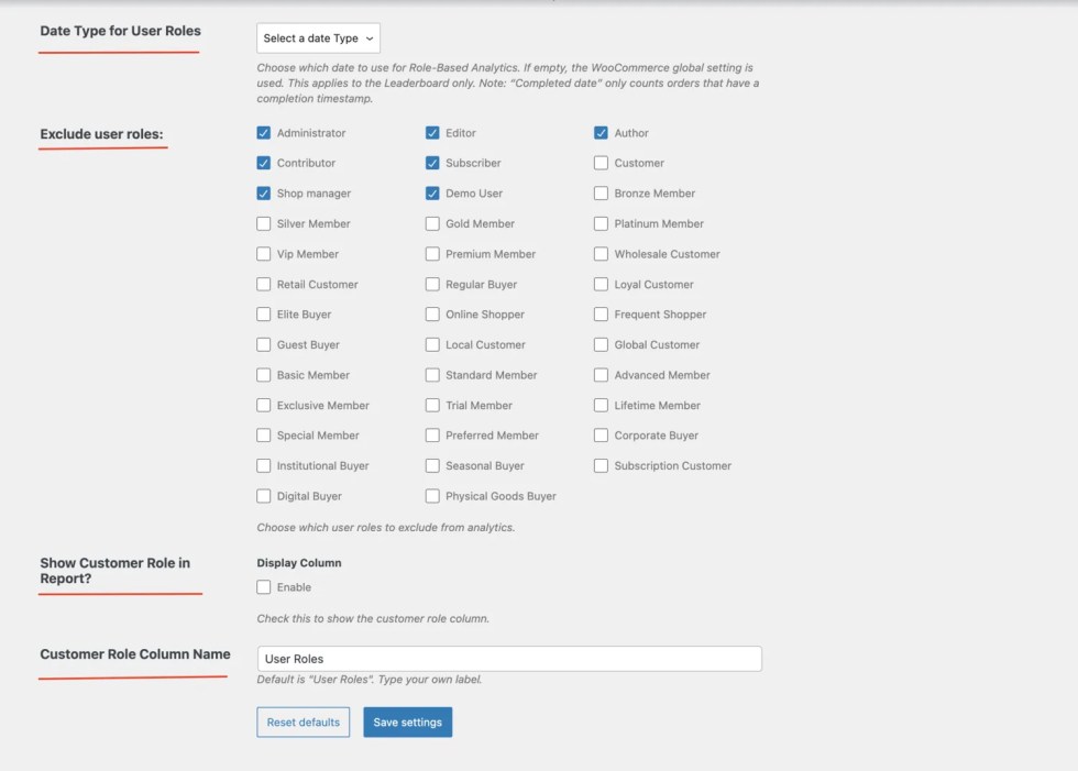 Role Based Analytics for WooCommerce settings — choose date type and excluded user roles